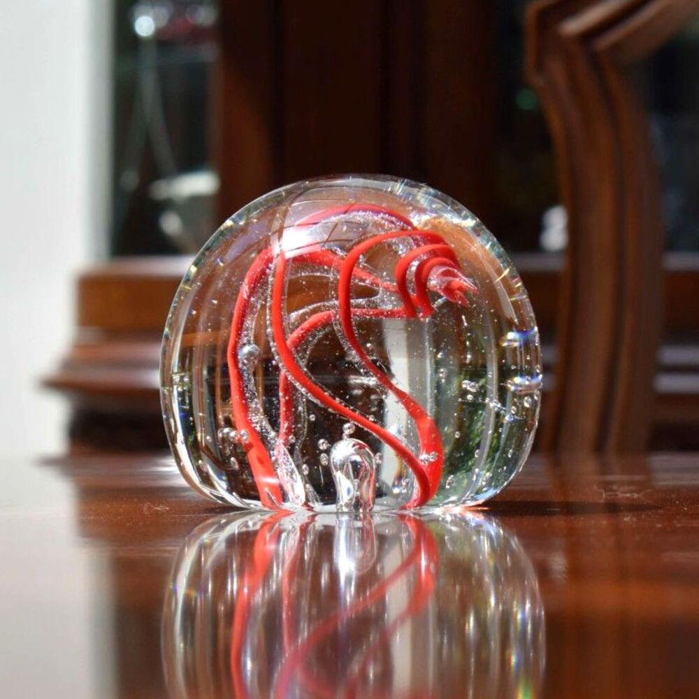 Vintage Hand Blown Glass Paperweight Red Ribbon Swirl Controlled Bubbles 3.5in